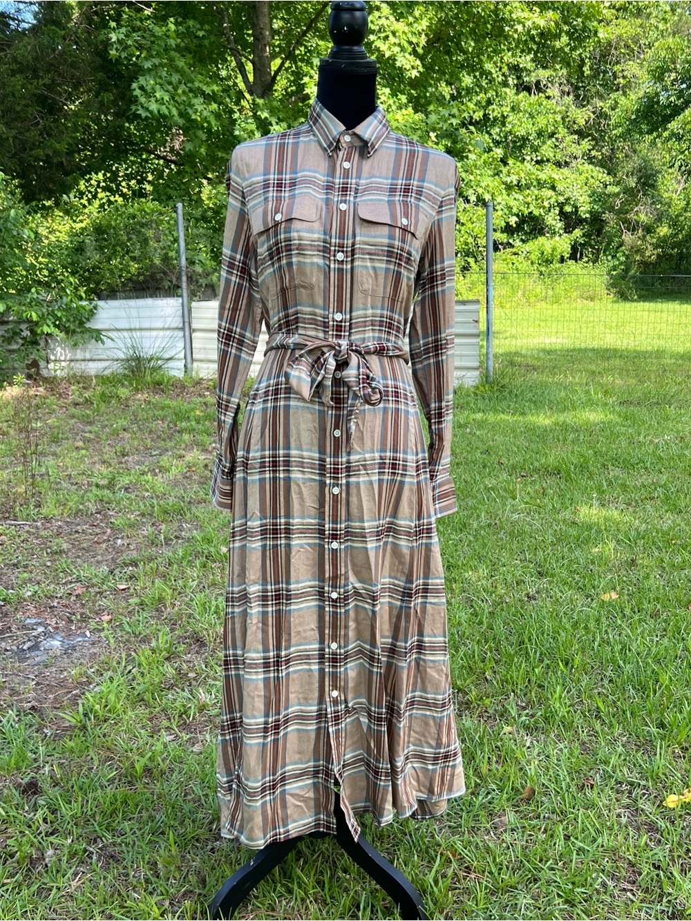 Polo Ralph Lauren Maxi Shirt Dress Size 6 Neutral Plaid Long Sleeve Belted NWOT